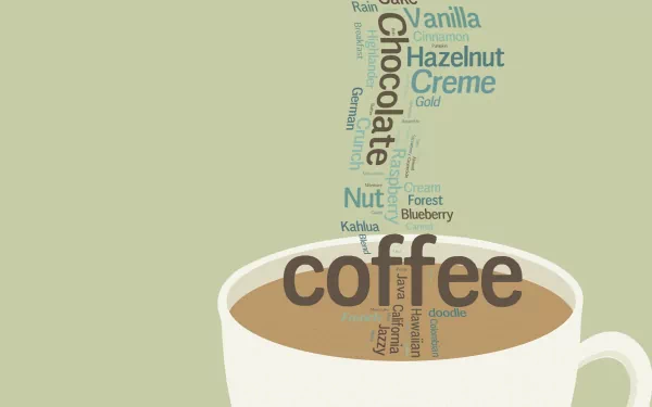 HD desktop wallpaper featuring a coffee cup with various coffee-related words forming steam above it, including chocolate, hazelnut, vanilla, and creme.