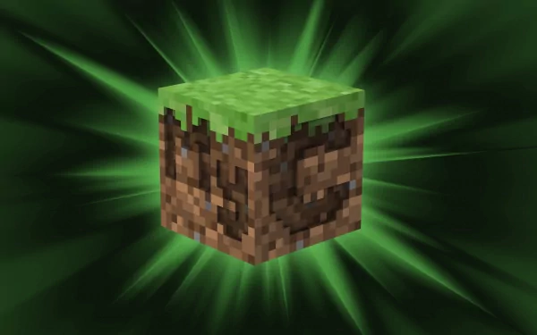 HD desktop wallpaper showcasing a glowing Minecraft grass block against a green, radiant background, emphasizing the iconic graphic style of Mojang's video game, Minecraft.