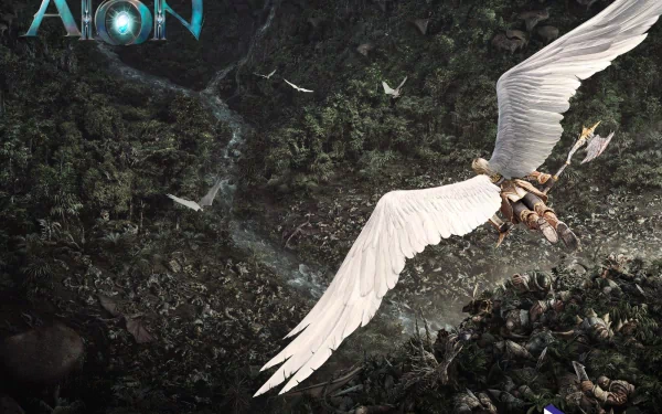 HD PC desktop wallpaper featuring a winged warrior from the video game AION soaring over a dark, mountainous landscape with scattered birds in flight.