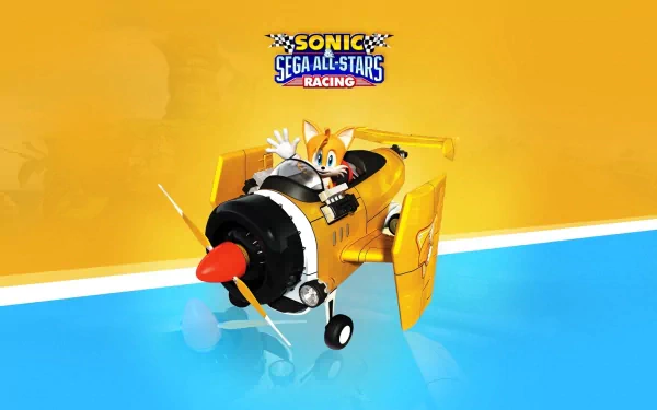 HD desktop wallpaper featuring Sonic the Hedgehog and Miles Tails Prower racing in a plane from the video game Sonic & Sega All-Stars Racing.
