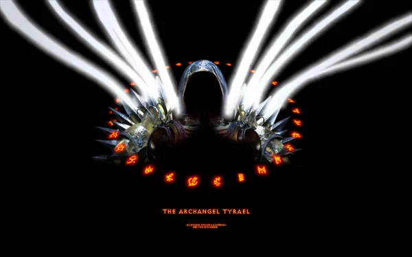 HD PC desktop wallpaper for the video game Diablo III: the Archangel Tyrael in a dark hood with radiant white wing beams and a ring of fiery runes on black background.