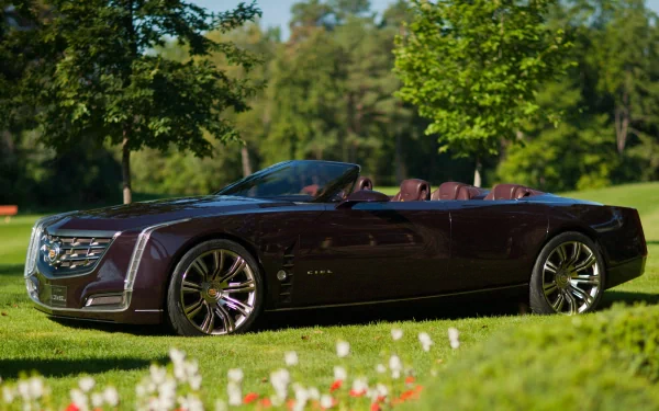 HD PC desktop wallpaper featuring a sleek, dark-colored Cadillac convertible parked on lush green grass with trees in the background.