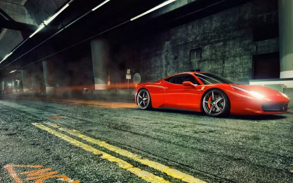 A sleek red Ferrari 458 Italia supercar parked under a dimly lit urban bridge, featured in a high-definition PC desktop wallpaper.