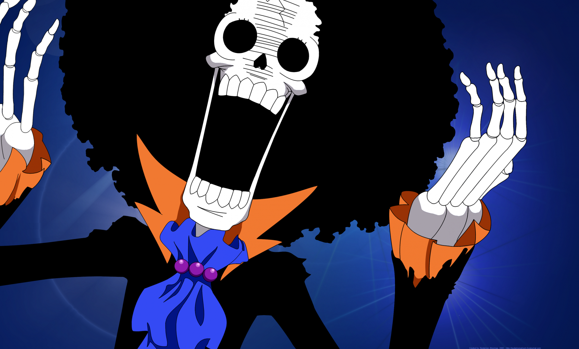 HD anime wallpaper featuring Brook, the skeleton musician from One Piece, with an expressive pose and vibrant colors, designed for PC desktop backgrounds.