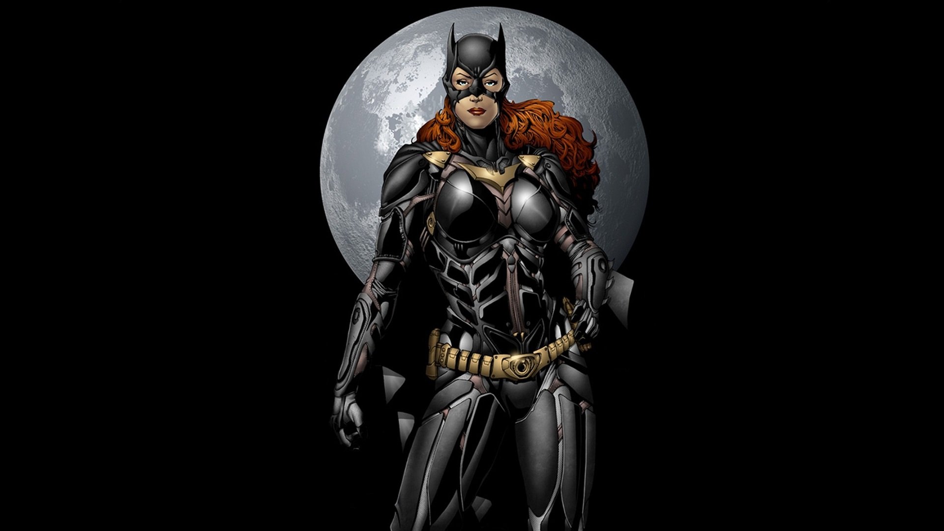 A striking HD desktop wallpaper featuring Batgirl against a dramatic full moon background, showcasing her iconic costume and fierce demeanor in a comic art style.