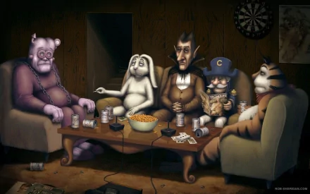 A humorous and artistic HD PC desktop wallpaper depicting five quirky characters gathered around a coffee table, playing cards and sharing drinks in a dimly lit room.
