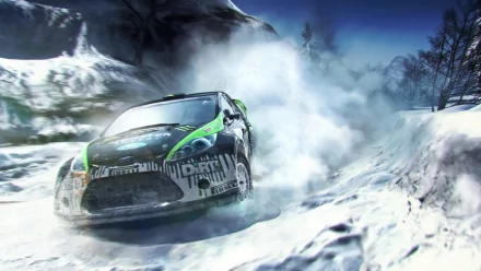 HD PC desktop wallpaper featuring intense rally racing action from the video game DiRT 3, showcasing a car drifting through snowy terrain with mountains in the background.