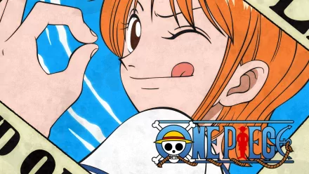 High-definition wallpaper featuring Nami from One Piece, showcasing her playful wink and vibrant orange hair against a blue background, with the One Piece logo prominently displayed.
