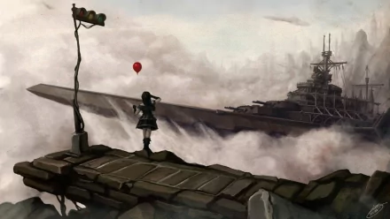 Anime-style military scene in HD, featuring a lone figure with a red balloon on a weathered pier, overlooking a massive battleship emerging through the mist.