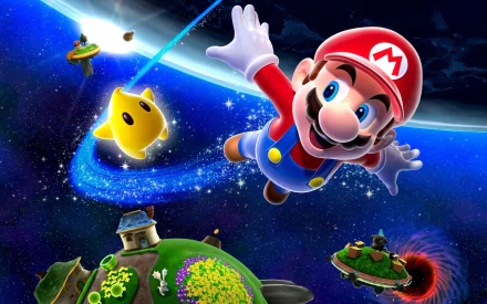 A vibrant HD wallpaper featuring Mario from Super Mario Galaxy, soaring through space with a cheerful star companion and whimsical planets in a colorful cosmic backdrop.