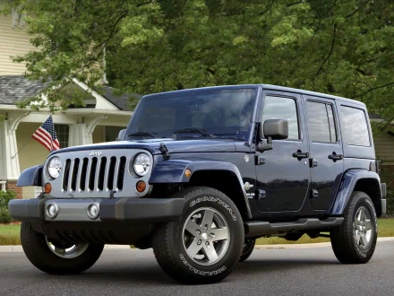 A vibrant blue Jeep parked on a suburban street, framed by a house and an American flag. This HD image makes an engaging desktop wallpaper and background.