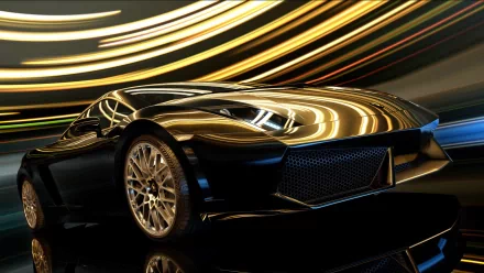 HD PC desktop wallpaper/background: glossy black Lamborghini Gallardo sports car with gold light streak reflections.