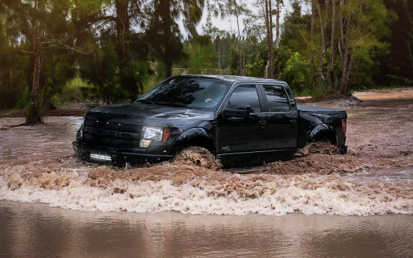 HD PC desktop wallpaper featuring a black Ford Raptor driving through muddy water in a forested area.