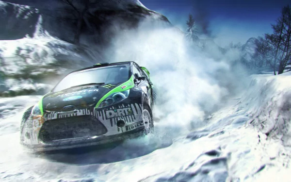 HD PC desktop wallpaper featuring intense rally racing action from the video game DiRT 3, showcasing a car drifting through snowy terrain with mountains in the background.