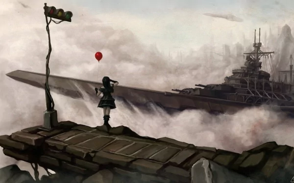 Anime-style military scene in HD, featuring a lone figure with a red balloon on a weathered pier, overlooking a massive battleship emerging through the mist.