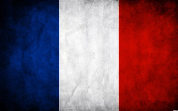 HD desktop wallpaper featuring the French flag with blue, white, and red vertical stripes in a textured, vintage style.
