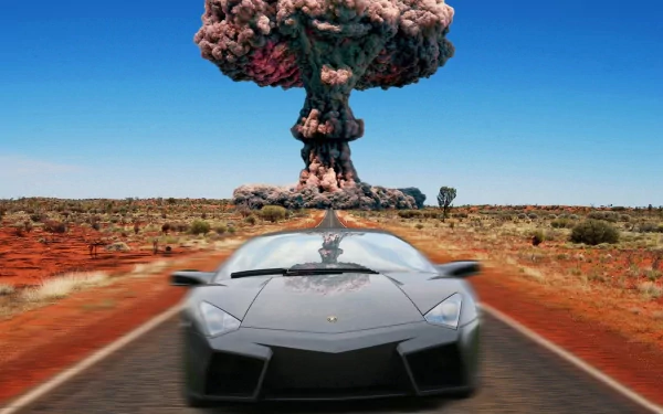 Matte gray Lamborghini Reventon speeds down a desert road with a towering mushroom-cloud explosion on the horizon — dramatic HD PC desktop wallpaper/background.