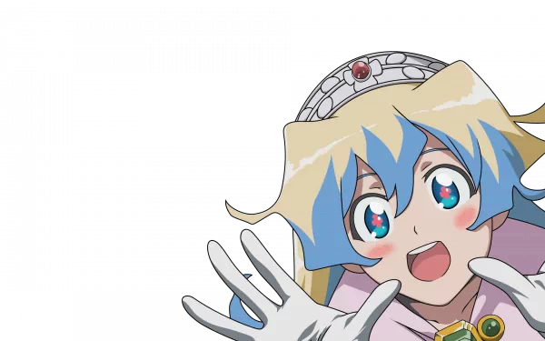 HD PC desktop wallpaper of Nia Teppelin from Tengen Toppa Gurren Lagann: cheerful close-up waving, crown, blue-and-blonde hair and gemmed necklace on dark background.