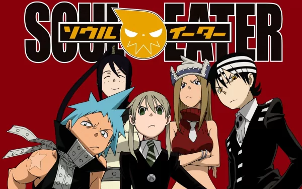 Anime-themed HD desktop wallpaper featuring characters from Soul Eater, set against a bold red background, showcasing the distinctive art style and dynamic characters of the series.