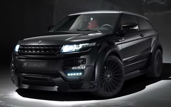 HD PC desktop wallpaper featuring a sleek black Range Rover vehicle with illuminated headlights against a dark background.