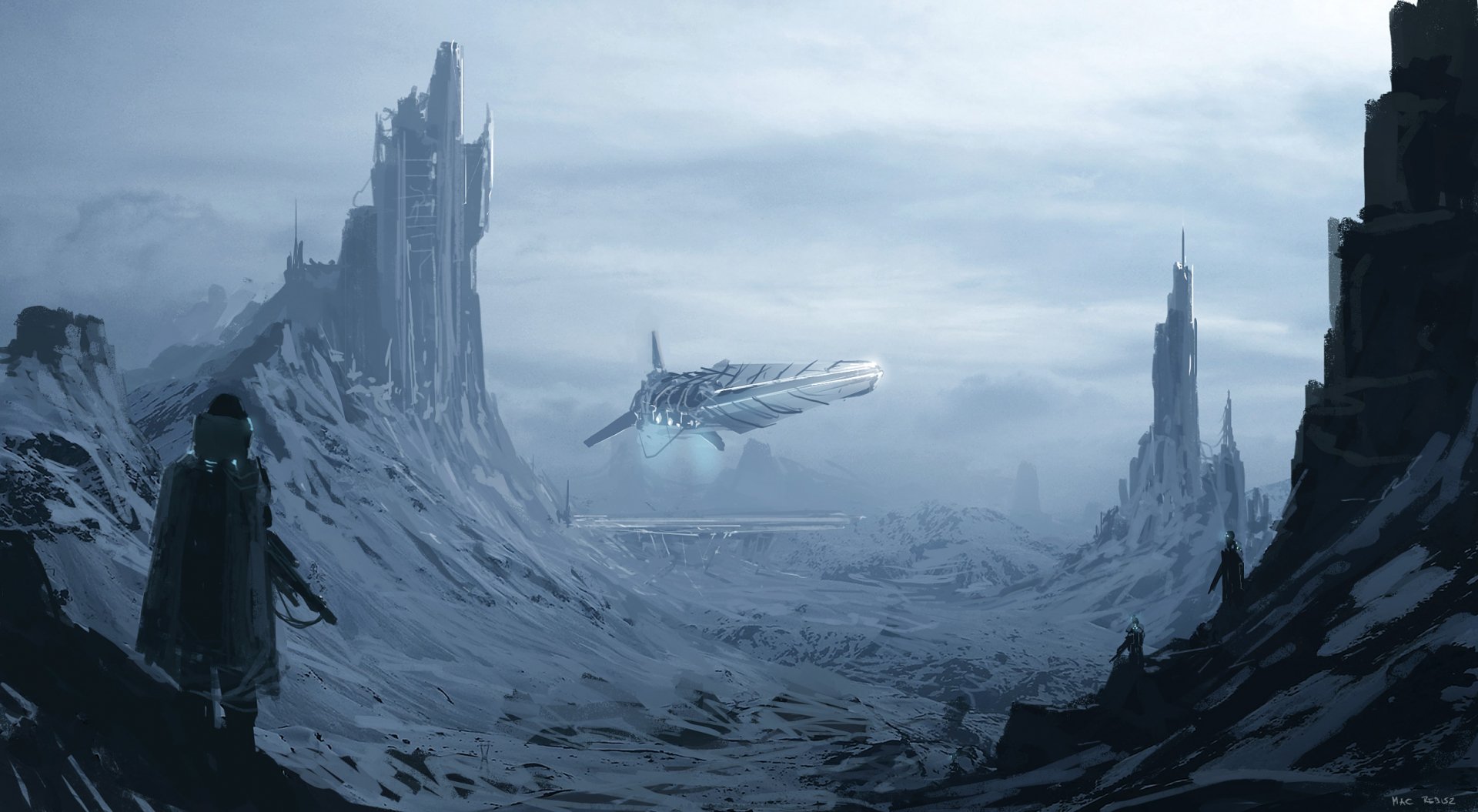 A futuristic sci-fi landscape featuring towering, icy cliffs and a sleek spacecraft gliding through a desolate valley, creating a captivating HD desktop wallpaper.