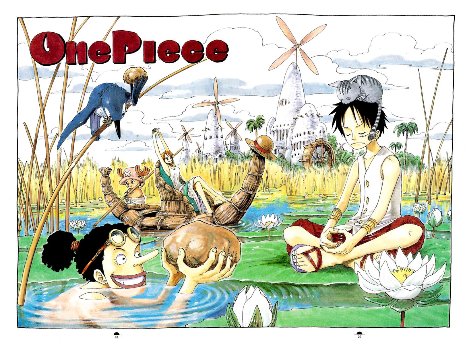 A vibrant HD wallpaper from the anime One Piece, featuring characters amidst a scenic landscape with water, plants, and a whimsical atmosphere.