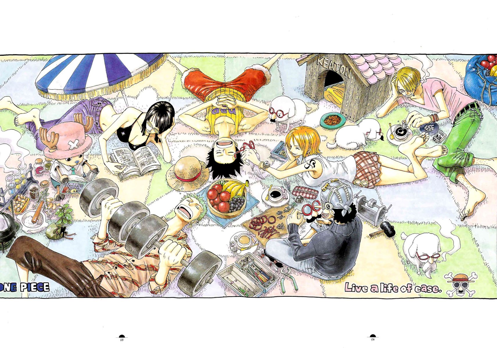 A vibrant HD desktop wallpaper featuring characters from One Piece relaxing in a colorful setting, surrounded by food, books, and playful animals, embodying a carefree lifestyle.