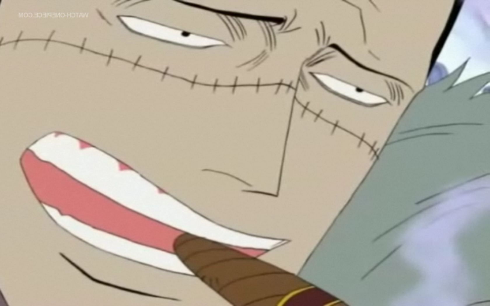 Anime One Piece HD PC desktop wallpaper and background: close-up of a stitched-cheek character smirking with a cigar, soft sky-blue backdrop.