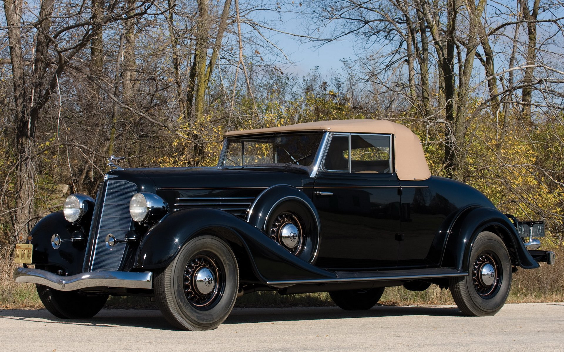 HD PC desktop wallpaper of a classic black Buick convertible with tan soft top parked by leafless trees under a blue sky.
