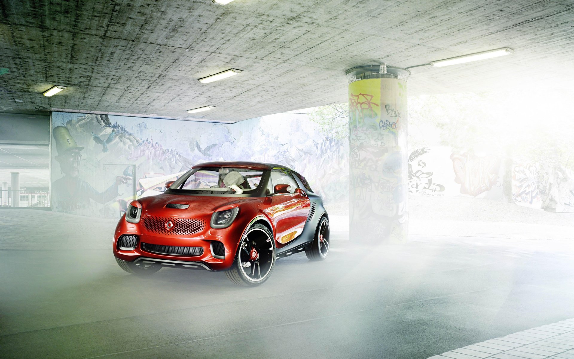 A smart vehicle emerges from mist in an urban setting, showcasing a modern design against a backdrop of colorful graffiti. This HD wallpaper offers a vibrant, dynamic atmosphere.