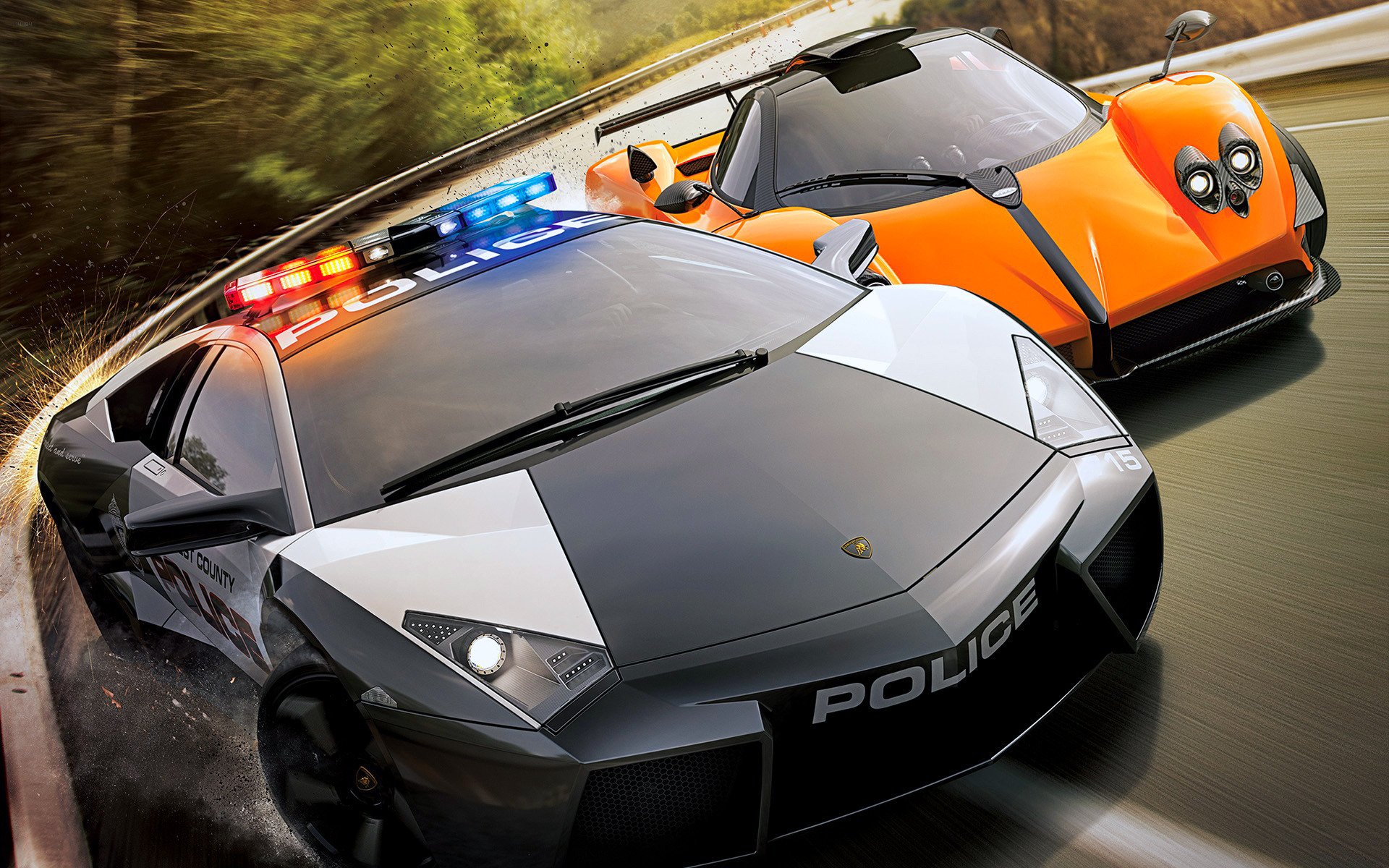 HD PC desktop wallpaper from the Need For Speed video game: a black police supercar with flashing lights chasing an orange hypercar on a winding road.