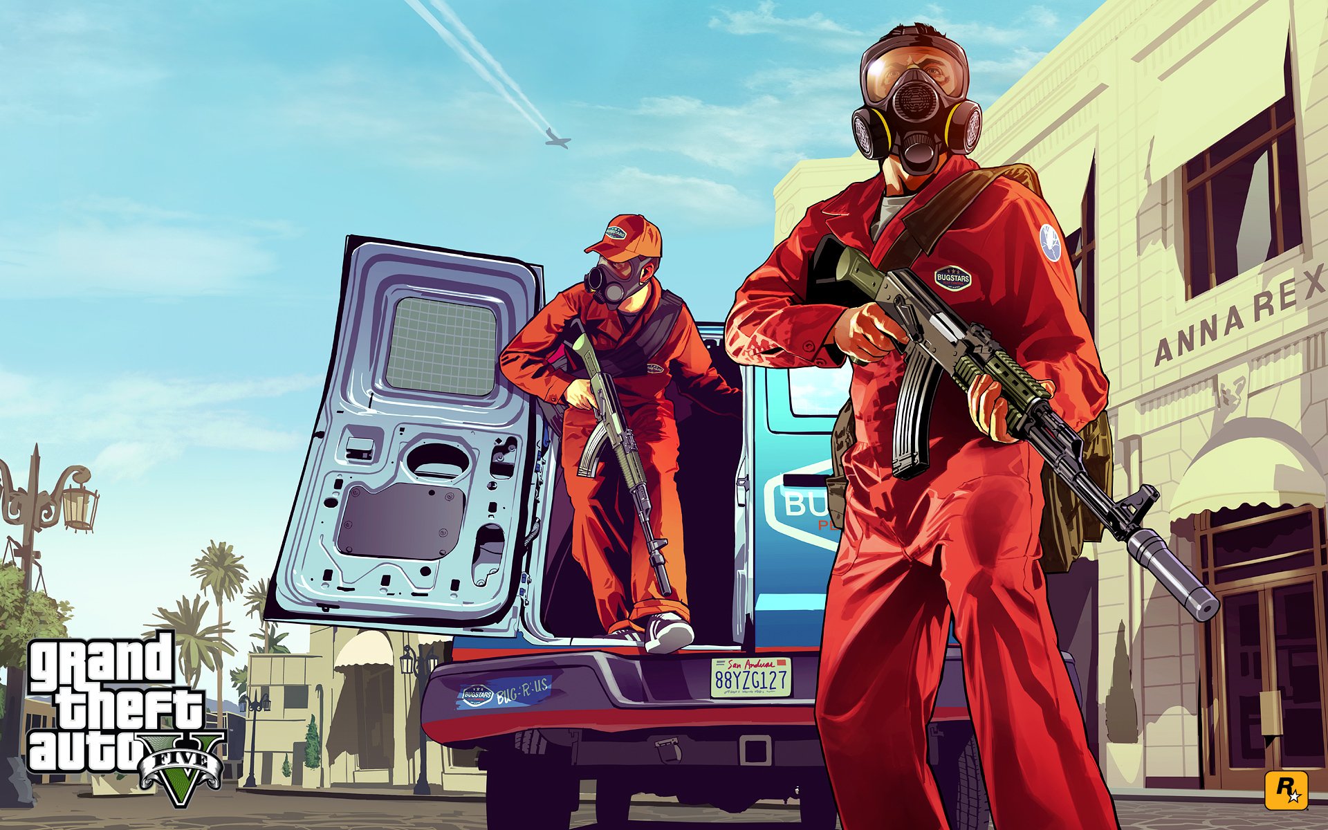 Two characters in red jumpsuits and masks emerge from a van, holding weapons, set against a vibrant background from Grand Theft Auto V. A dynamic HD wallpaper showcasing action.