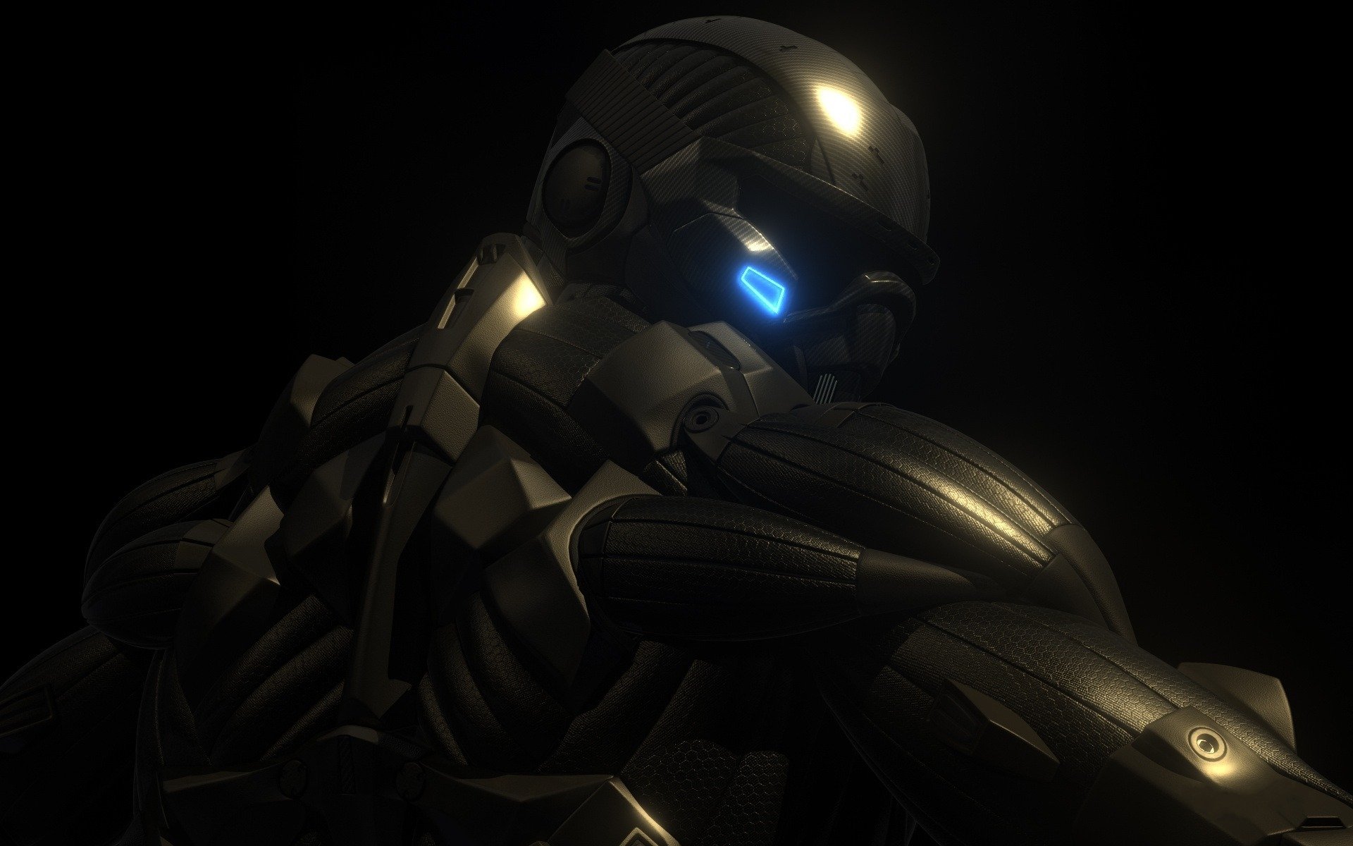 HD PC desktop wallpaper from the video game Crysis 2, featuring a futuristic armored soldier with glowing blue visor lighting in a dark setting.