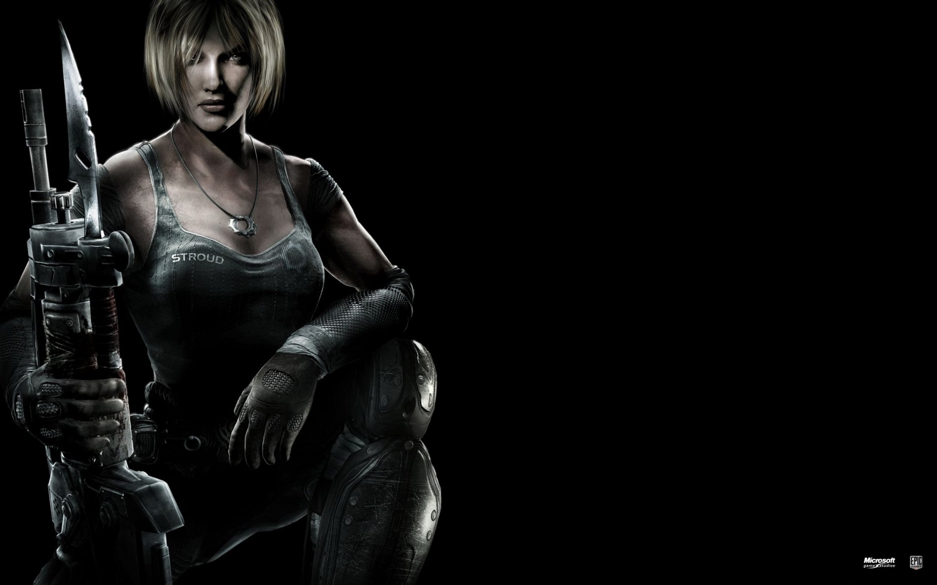 HD PC desktop wallpaper featuring a female soldier from the video game Gears of War 3, holding a large weapon against a dark background.
