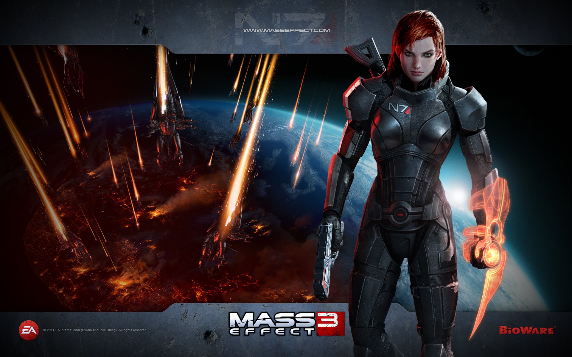 HD PC desktop wallpaper featuring Commander Shepard from the video game Mass Effect 3, showcasing the character in N7 armor with a fiery background battle scene.