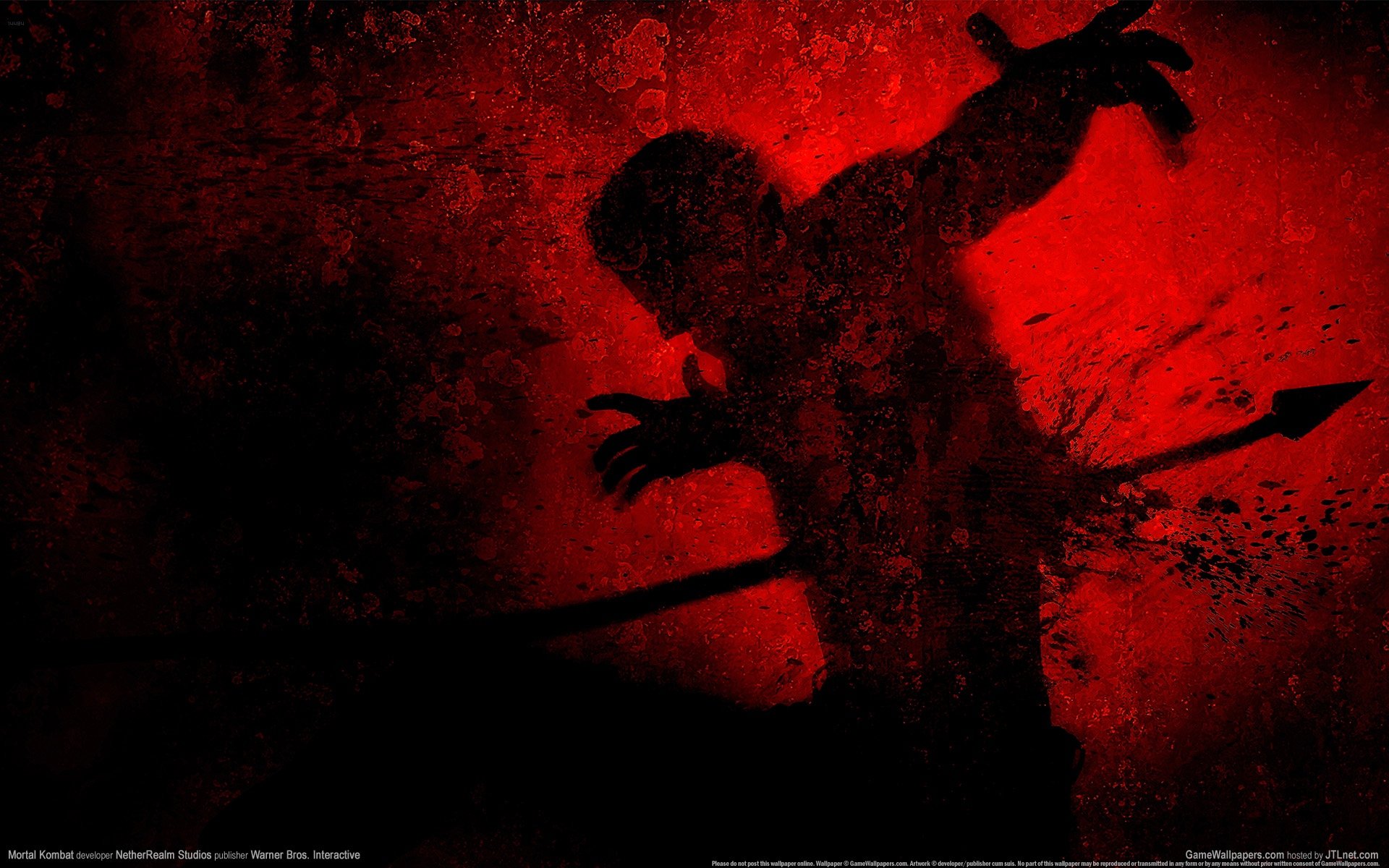 HD PC desktop wallpaper featuring a dark, shadowy Mortal Kombat character silhouetted against a blood-red textured background.