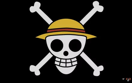 HD desktop wallpaper featuring the iconic One Piece Jolly Roger, a skull wearing a straw hat over crossed bones on a black background.