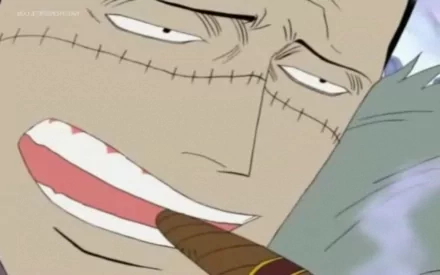 Anime One Piece HD PC desktop wallpaper and background: close-up of a stitched-cheek character smirking with a cigar, soft sky-blue backdrop.