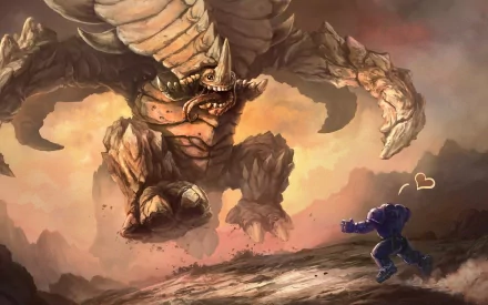 HD PC desktop wallpaper featuring a dynamic scene from the video game Starcraft, depicting a large alien creature confronting a lone armored soldier.