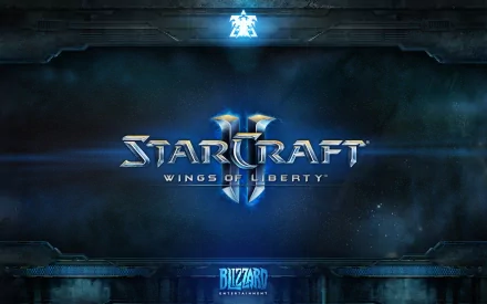 HD PC desktop wallpaper featuring the Starcraft II: Wings of Liberty logo with a dark sci-fi background and Blizzard Entertainment branding.