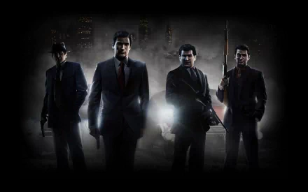 HD desktop wallpaper of the video game Mafia II, featuring four men in suits against a dark, smoky cityscape background.