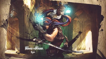HD desktop wallpaper featuring characters from the video game Prince of Persia, showcasing an adventurous moment with action and fantasy elements in a mystical setting.