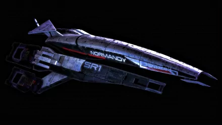 HD PC desktop wallpaper featuring the Normandy SR-1 spaceship from the Mass Effect video game series against a black background.
