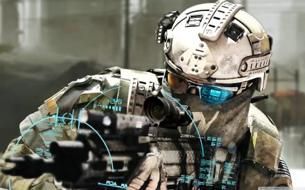 HD PC desktop wallpaper featuring a tactical soldier from the video game Tom Clancy's Ghost Recon: Future Soldier, equipped with advanced combat gear and digital HUD elements.