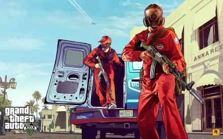 Two characters in red jumpsuits and masks emerge from a van, holding weapons, set against a vibrant background from Grand Theft Auto V. A dynamic HD wallpaper showcasing action.