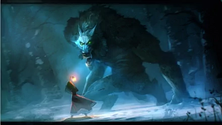 A dark HD desktop wallpaper depicting a dramatic encounter between a small figure and a giant, menacing werewolf, set in a misty, eerie forest.