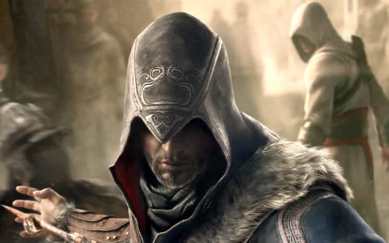 A dynamic HD wallpaper from the video game Assassin's Creed: Revelations, featuring a cloaked figure with a focused expression, set against a dramatic, historical background.