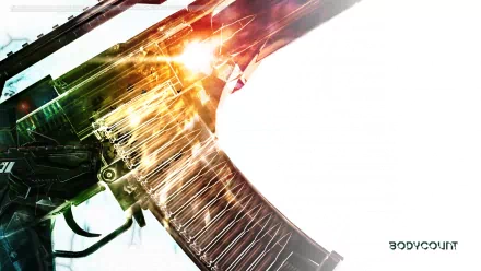 HD PC desktop wallpaper featuring a dynamic close-up of an assault rifle from the video game Bodycount, with vibrant light effects and a modern, intense design.