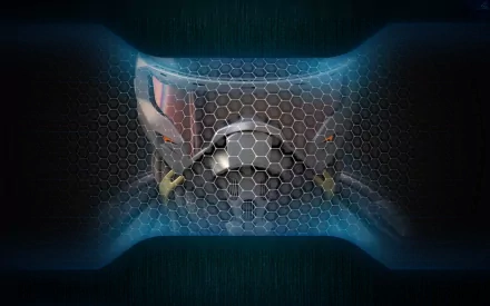 HD PC desktop wallpaper featuring a futuristic helmeted soldier from the video game Crysis 2 against a dark, hexagonal-patterned background.