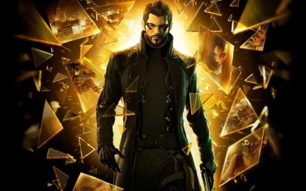 A dynamic HD wallpaper from the video game Deus Ex: Human Revolution, featuring a protagonist in a striking pose against a backdrop of shattered glass and golden light.